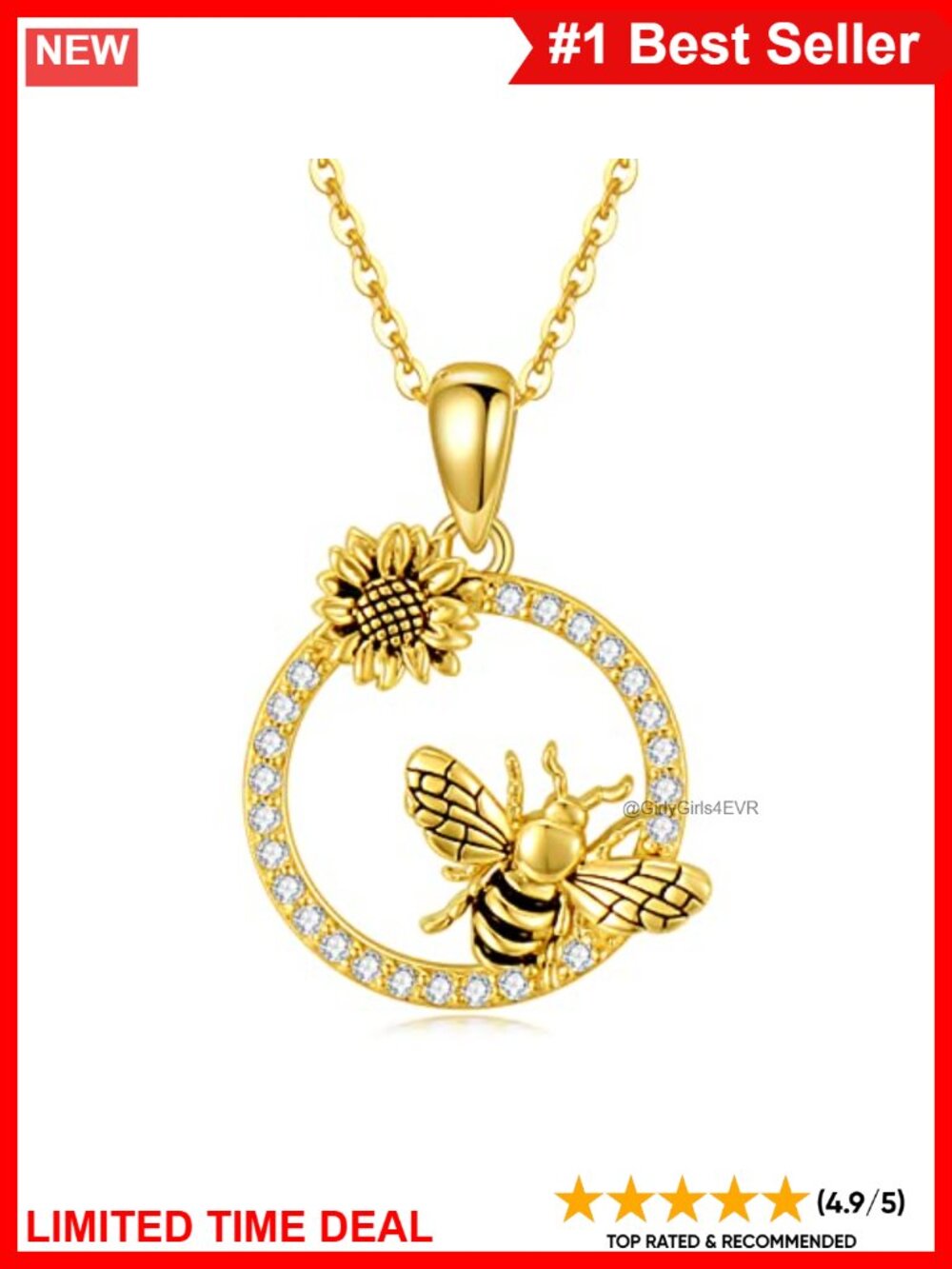 14K Gold Bee Pendant Necklace Cubic Zirconia Adjustable Chain Gift